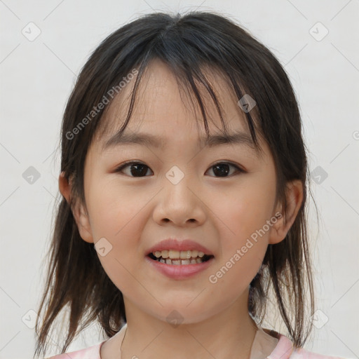 Joyful white child female with medium  brown hair and brown eyes