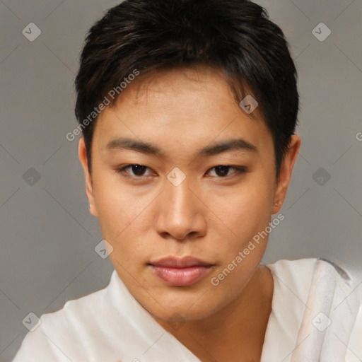 Neutral white young-adult female with short  brown hair and brown eyes