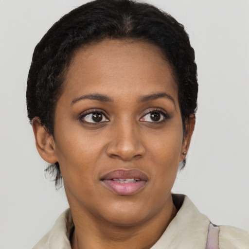Joyful black young-adult female with short  brown hair and brown eyes