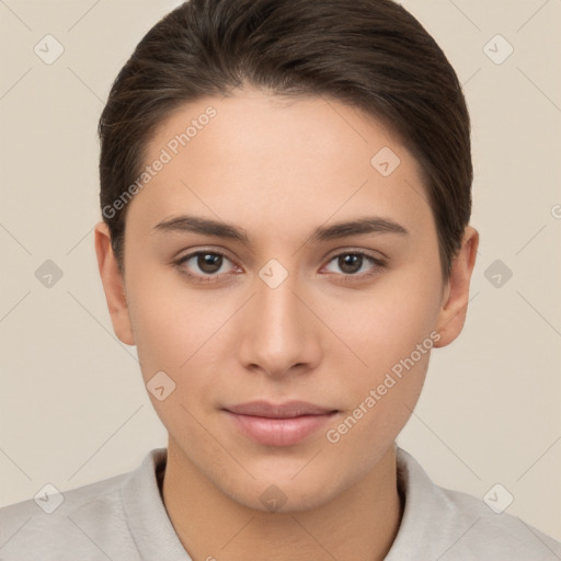 Neutral white young-adult female with short  brown hair and brown eyes