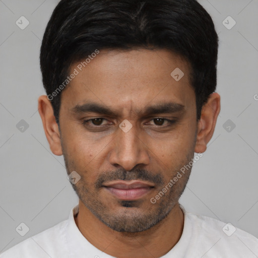 Neutral latino young-adult male with short  black hair and brown eyes