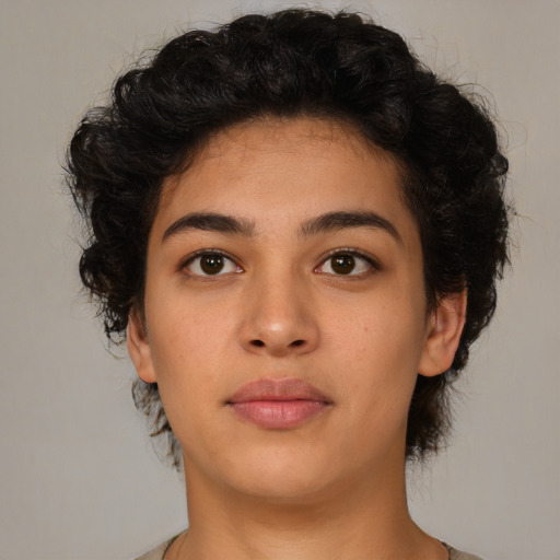 Neutral latino young-adult female with medium  brown hair and brown eyes