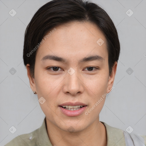 Joyful white young-adult female with short  brown hair and brown eyes