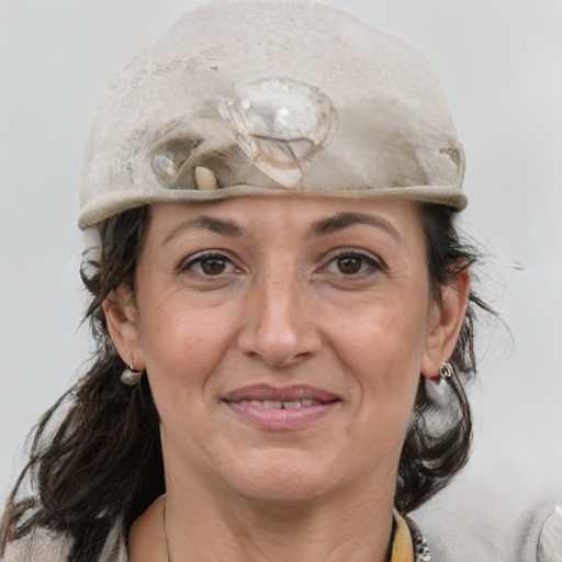 Joyful white middle-aged female with medium  brown hair and grey eyes