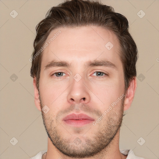 Neutral white young-adult male with short  brown hair and brown eyes