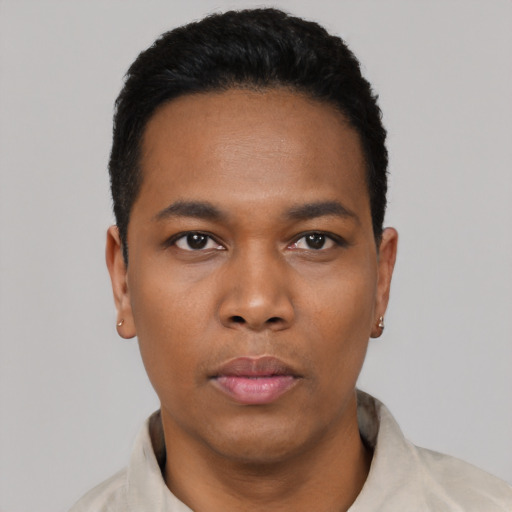 Neutral black young-adult male with short  black hair and brown eyes