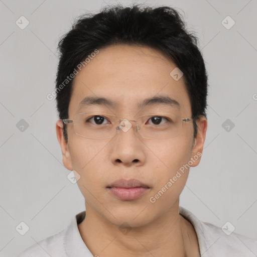 Neutral asian young-adult male with short  brown hair and brown eyes