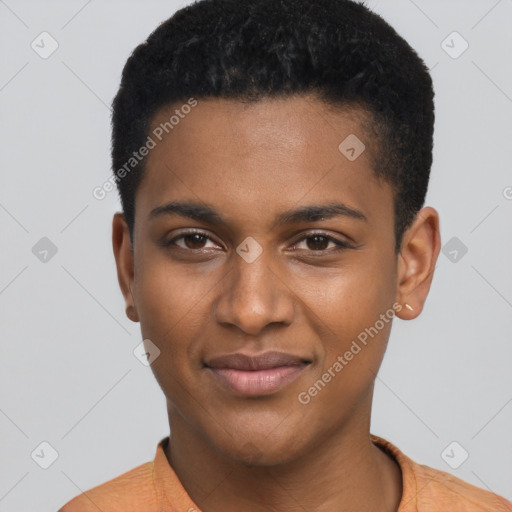 Joyful black young-adult male with short  black hair and brown eyes