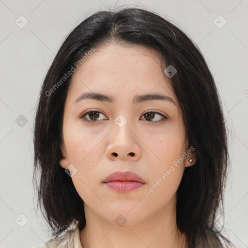 Neutral asian young-adult female with medium  brown hair and brown eyes