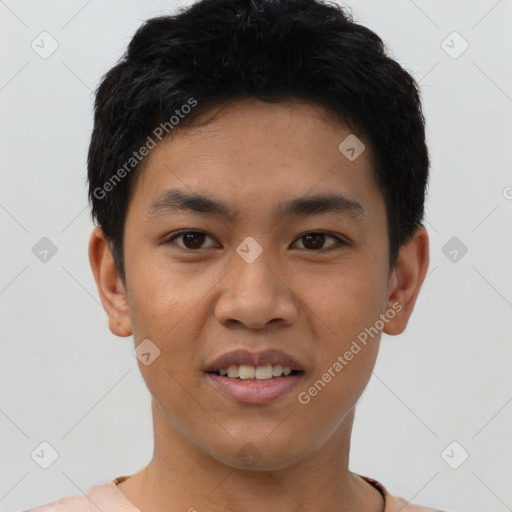 Joyful latino young-adult male with short  black hair and brown eyes