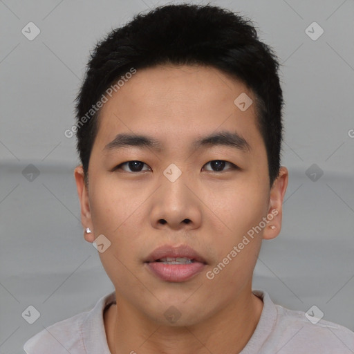 Neutral asian young-adult male with short  black hair and brown eyes