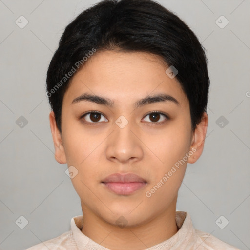 Neutral latino young-adult female with short  black hair and brown eyes