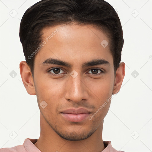 Neutral white young-adult male with short  brown hair and brown eyes