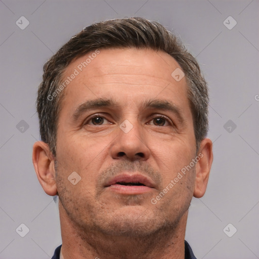 Neutral white adult male with short  brown hair and brown eyes