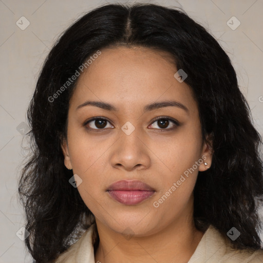 Joyful latino young-adult female with medium  black hair and brown eyes