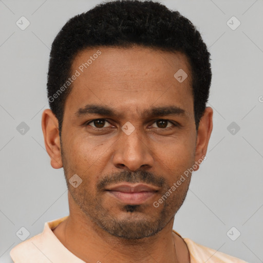 Neutral latino young-adult male with short  black hair and brown eyes