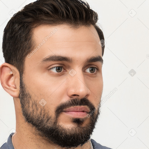 Neutral white young-adult male with short  brown hair and brown eyes