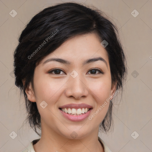 Joyful asian young-adult female with medium  black hair and brown eyes