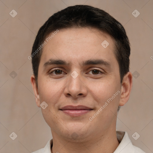 Joyful white young-adult male with short  brown hair and brown eyes