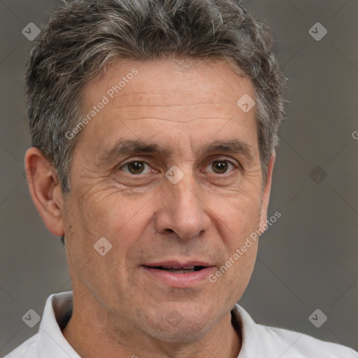 Neutral white middle-aged male with short  brown hair and brown eyes