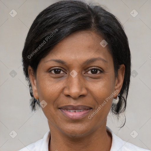 Joyful latino adult female with medium  brown hair and brown eyes