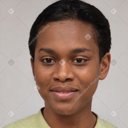 Joyful latino young-adult female with short  black hair and brown eyes