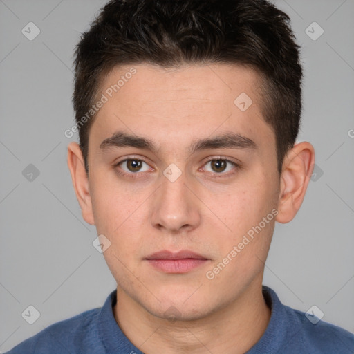 Neutral white young-adult male with short  brown hair and brown eyes