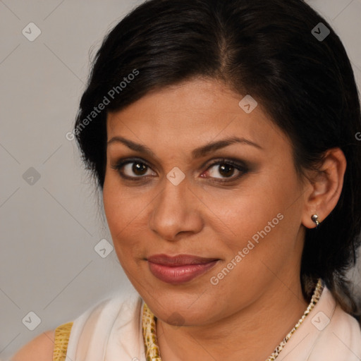 Joyful latino young-adult female with medium  brown hair and brown eyes