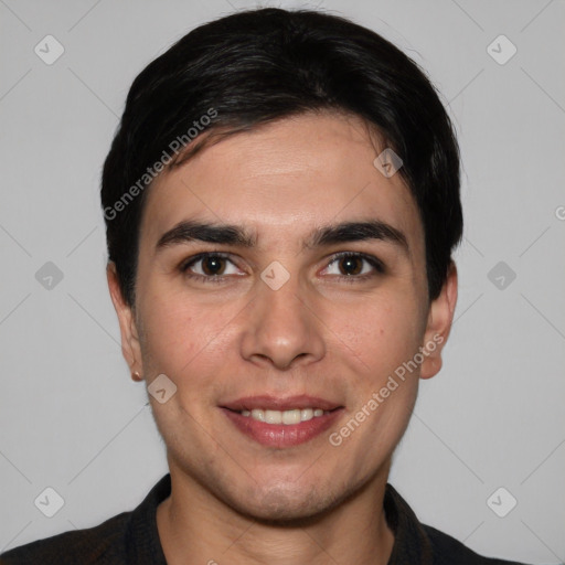 Joyful white young-adult male with short  black hair and brown eyes