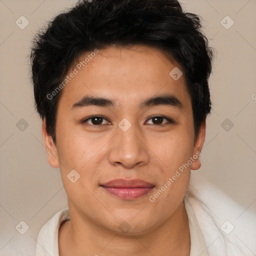 Joyful latino young-adult male with short  brown hair and brown eyes