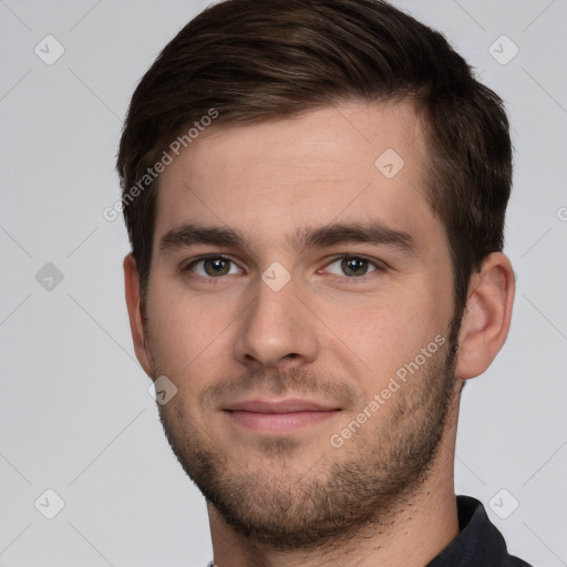 Neutral white young-adult male with short  brown hair and brown eyes