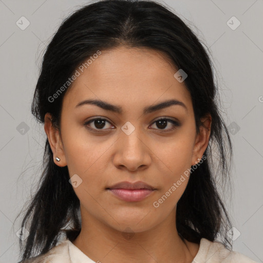 Joyful latino young-adult female with medium  brown hair and brown eyes