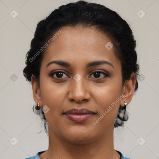 Joyful latino young-adult female with short  black hair and brown eyes