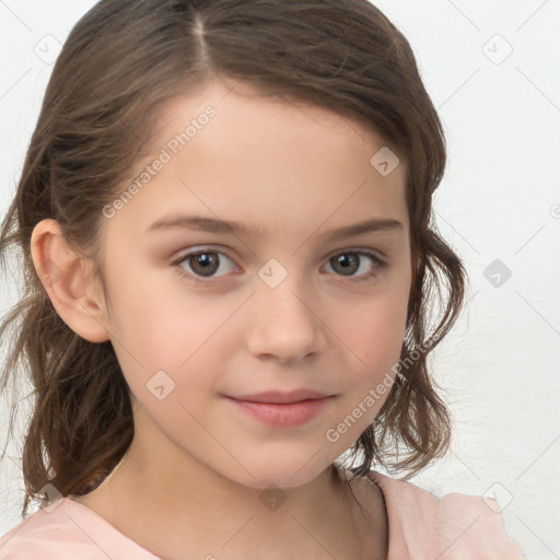 Joyful white child female with medium  brown hair and brown eyes