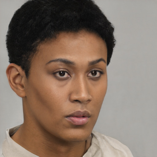 Neutral latino young-adult female with short  brown hair and brown eyes
