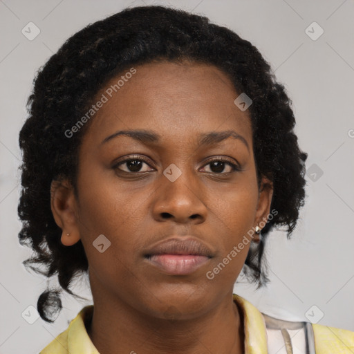 Neutral black young-adult female with short  brown hair and brown eyes