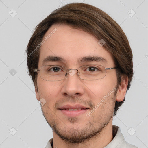 Joyful white adult male with short  brown hair and grey eyes