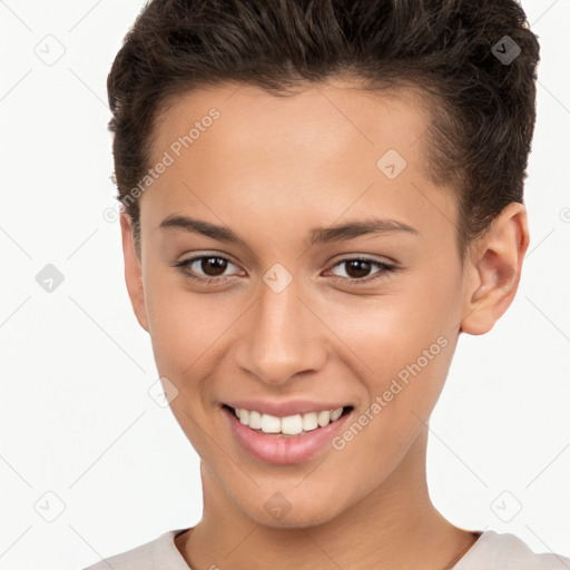 Joyful white young-adult female with short  brown hair and brown eyes