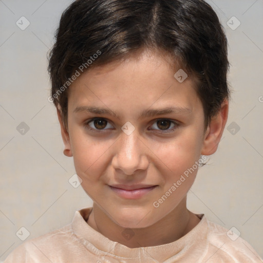 Joyful white child female with short  brown hair and brown eyes