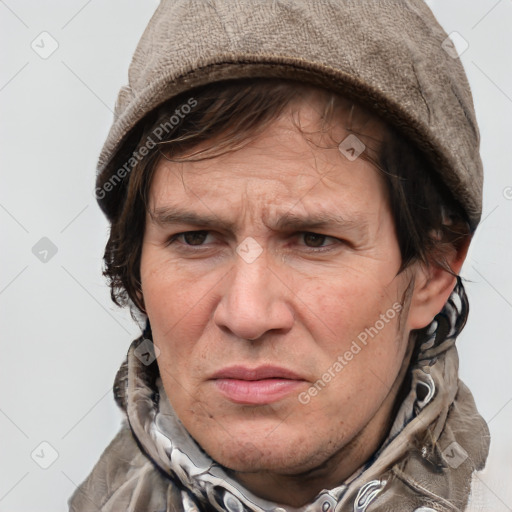 Joyful white adult male with short  brown hair and grey eyes