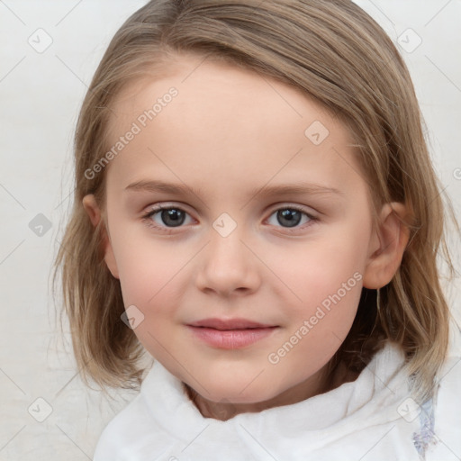 Joyful white child female with medium  brown hair and blue eyes