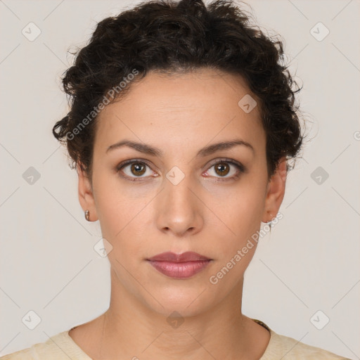 Neutral white young-adult female with short  brown hair and brown eyes