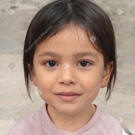 Joyful white child female with medium  brown hair and brown eyes