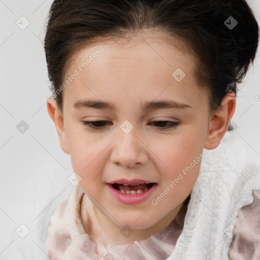 Joyful white child female with medium  brown hair and brown eyes