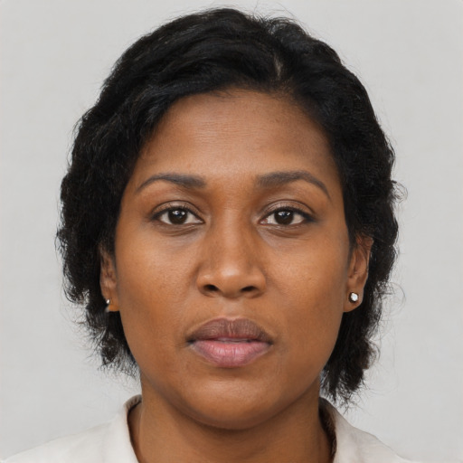 Neutral black adult female with medium  brown hair and brown eyes