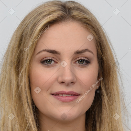 Joyful white young-adult female with long  brown hair and green eyes