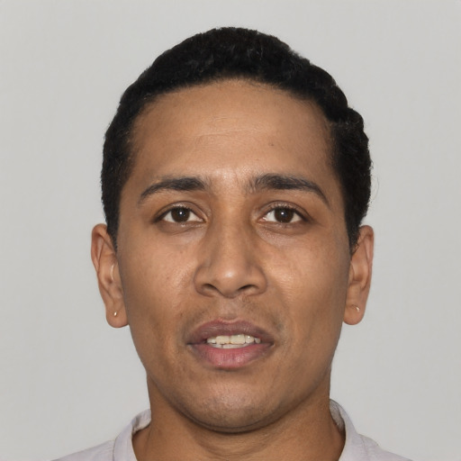 Neutral latino young-adult male with short  black hair and brown eyes
