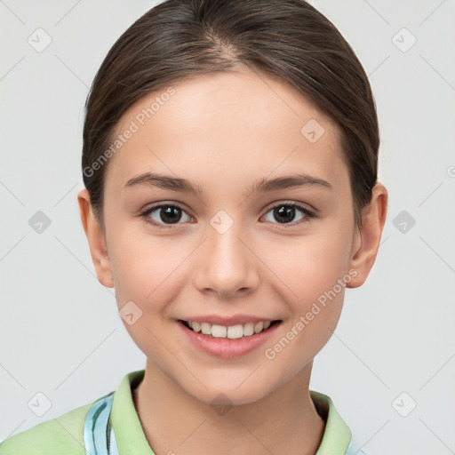 Joyful white child female with short  brown hair and brown eyes