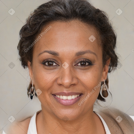 Joyful white adult female with short  brown hair and brown eyes
