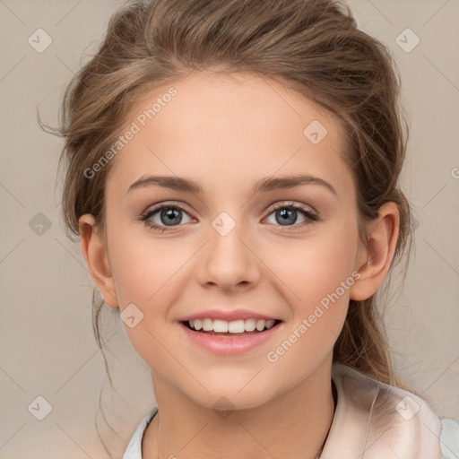 Joyful white child female with medium  brown hair and brown eyes